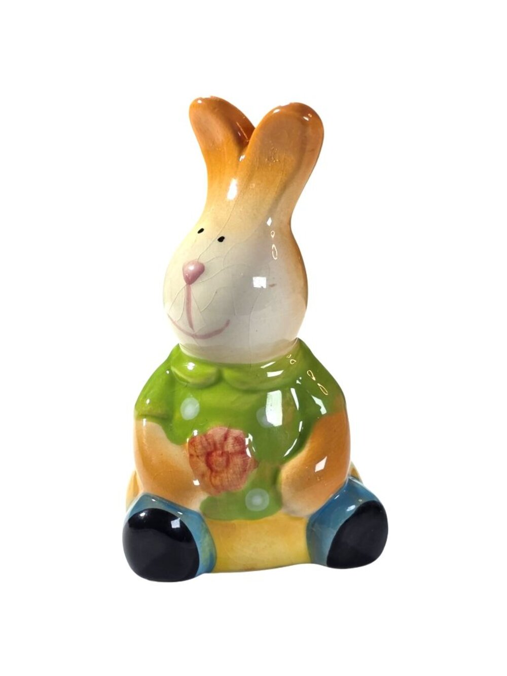 Hand-Painted Ceramic Bunny Figurine Floral Glossy Rabbit Anthropomorphic Easter
